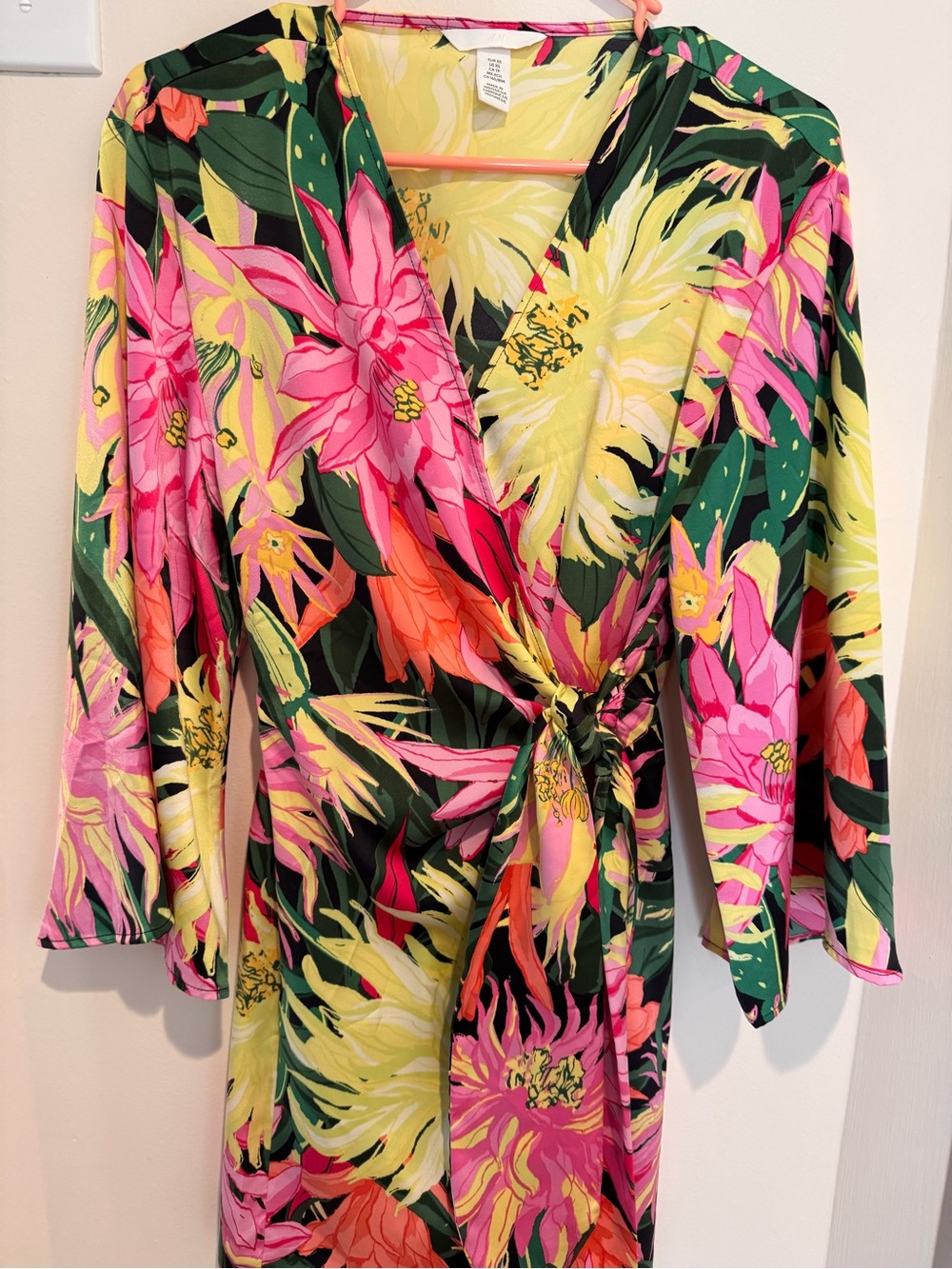 H&M Bright Tropical Floral Wrap Mini Dress Robe Pink Yellow Green XS